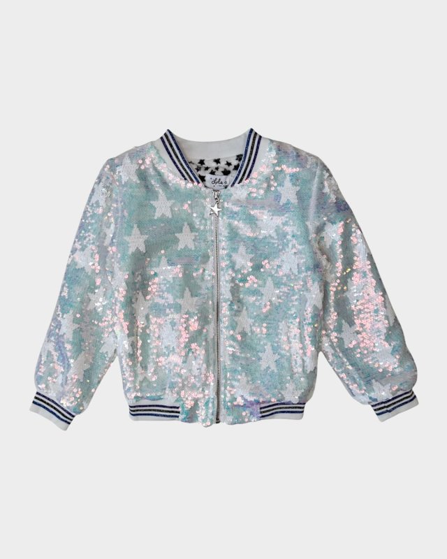 Girl's Iridescent Star Sequined Bomber Jacket, Size 2-14
